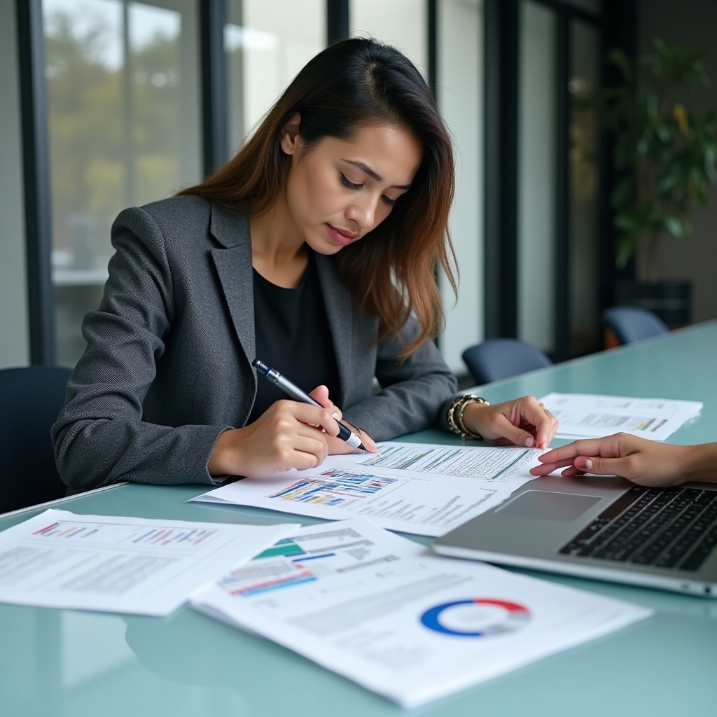 Professional analyzing risk factors at a desk with financial documents